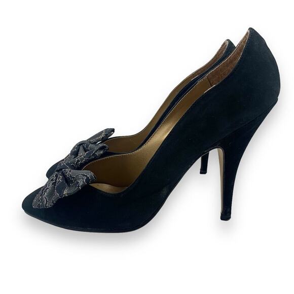 1960's German designer ANDRE black nubuck suede stiletto pumps large lace bow - Picture 16 of 16